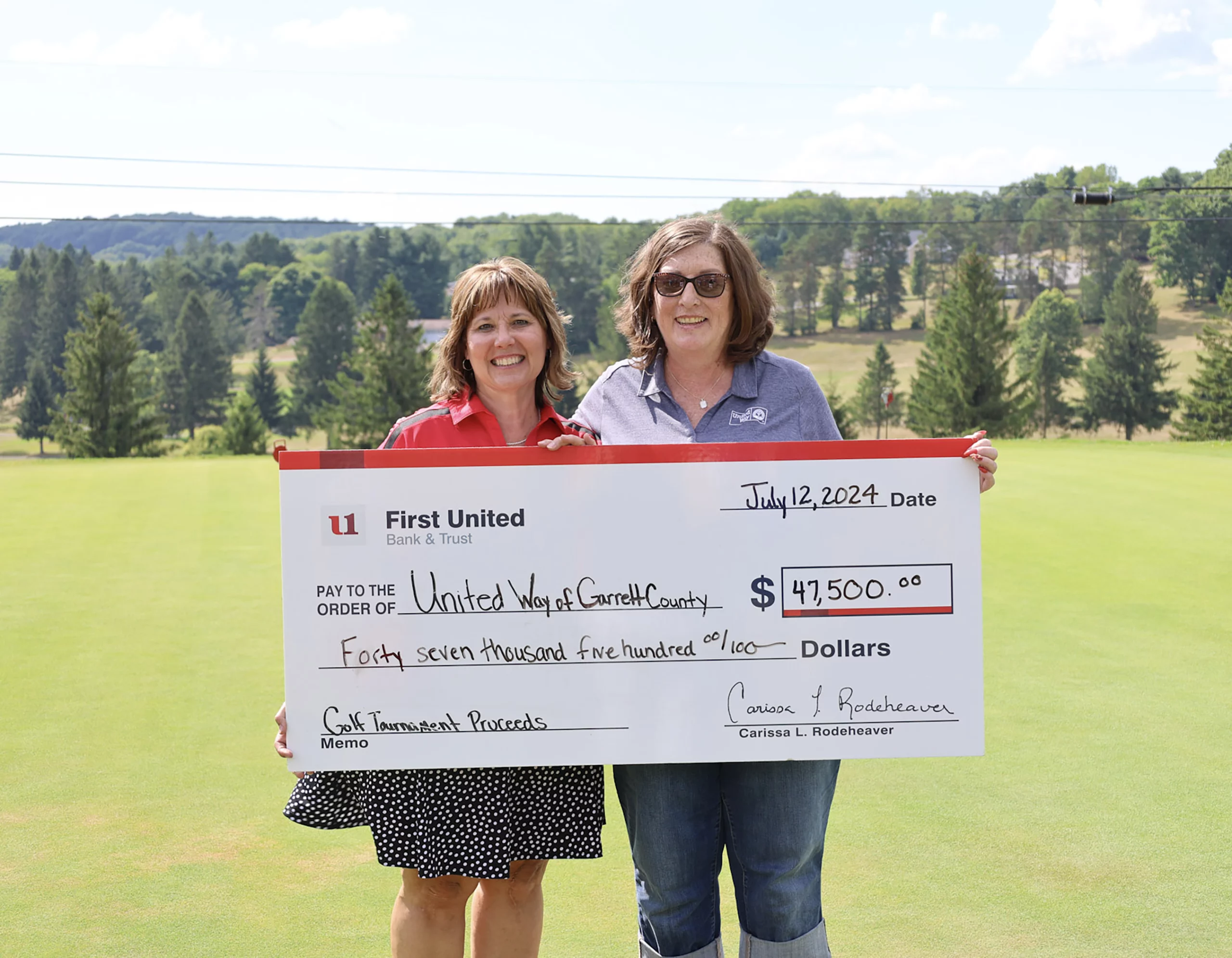 Carissa Rodeheaver, President & CEO, presents check to Michele Walker, Executive Director of County United Way