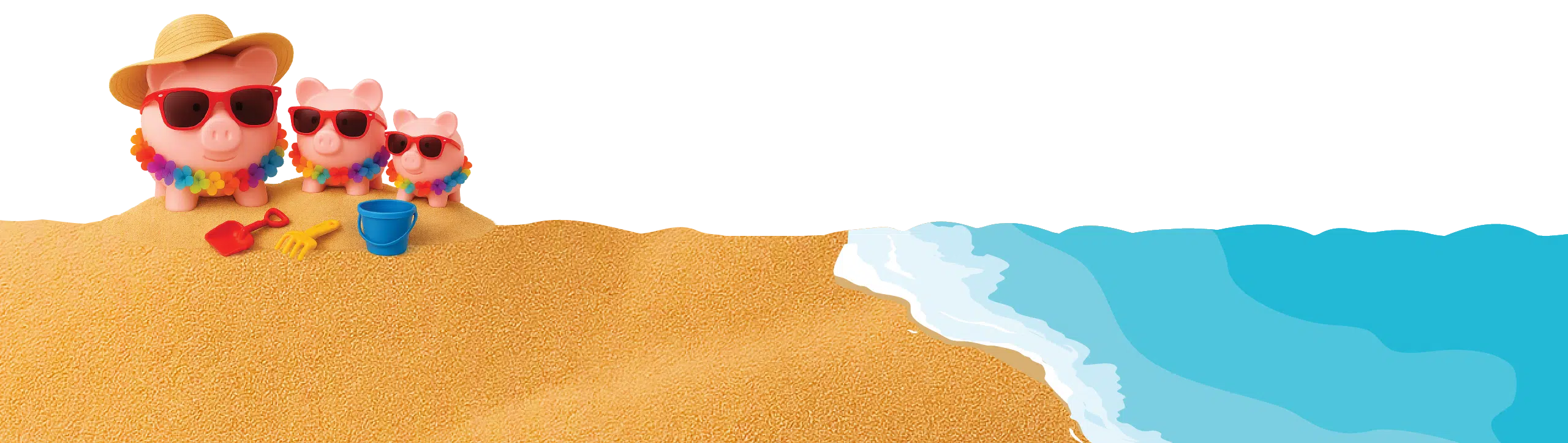 Sweepstakes footer image with piggy banks on beach