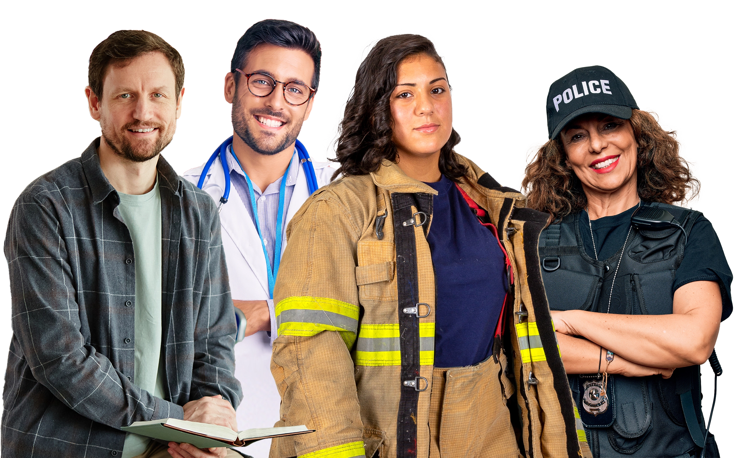 Various jobs cutout 4 Community Partners, Doctor, teacher and police