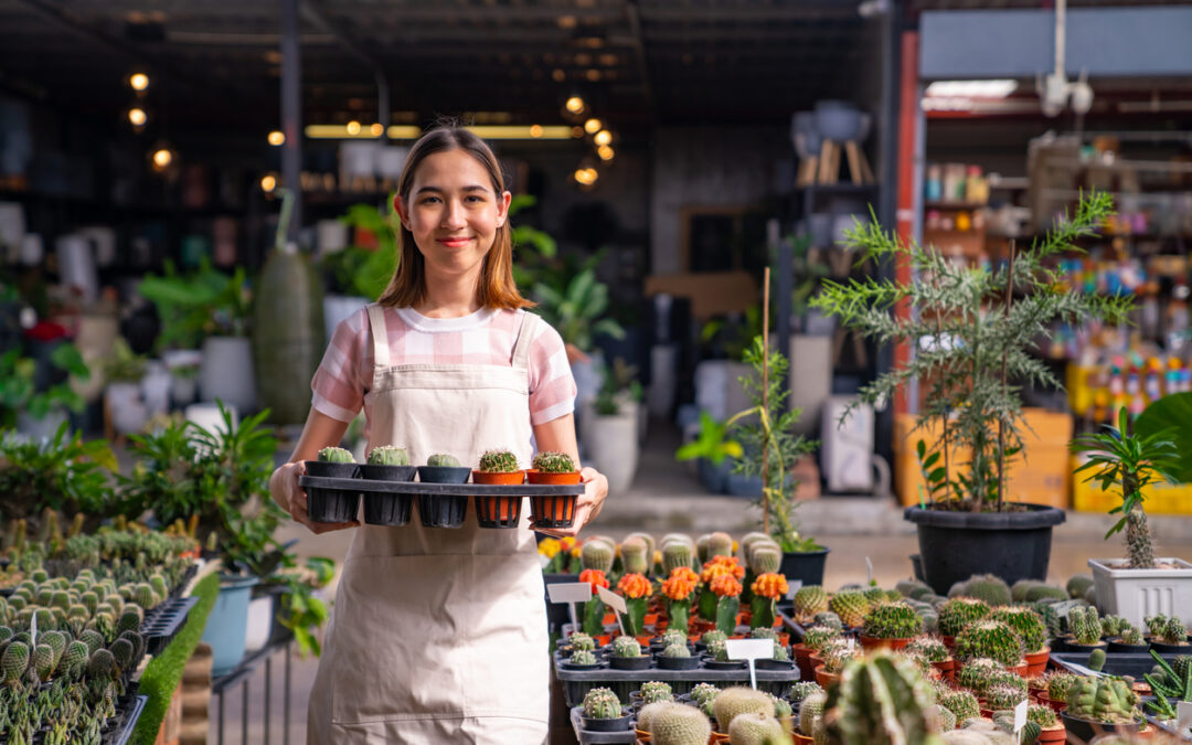 Smiling small business owner holds a tray of house plants and cacti.