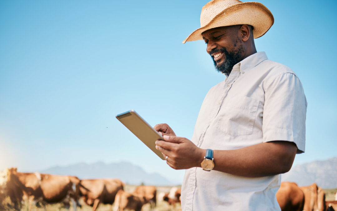 A smiling man checks his tablet with cattle scattered behind him.